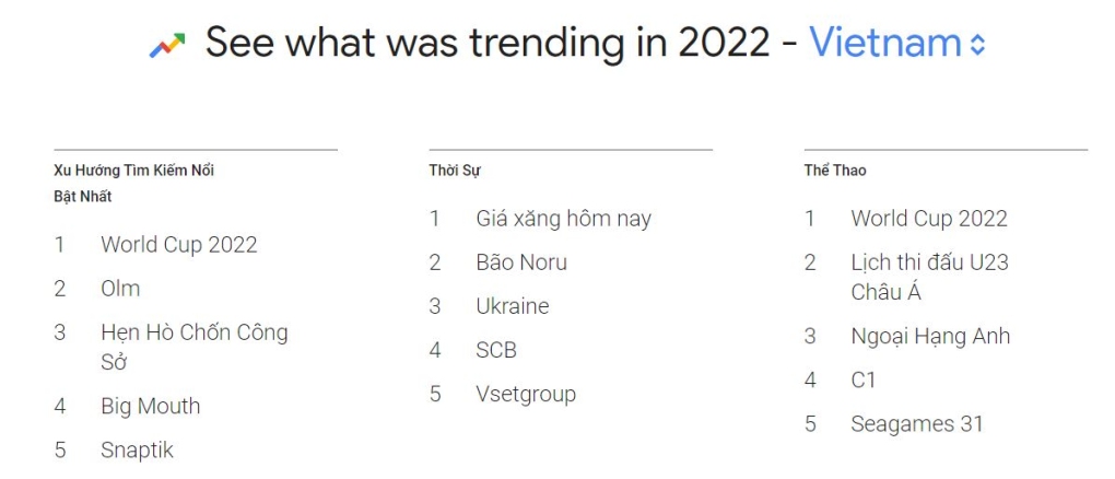 Các chủ đề thịnh hành trên Google tại Việt Nam năm 2022. Ảnh: Google